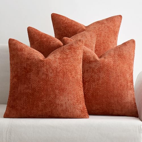 MIULEE Decorative Chenille Fall Pillow Covers Burnt Orange 16x16 Pack of 4 | Fall Home Decor, All Same Color Set, Couch Throw Pillows, Farmhouse Boho Cushion Covers for Sofa Bed Living Room - color: Burnt Orange, size: 16" x 16" (Pack of 4)