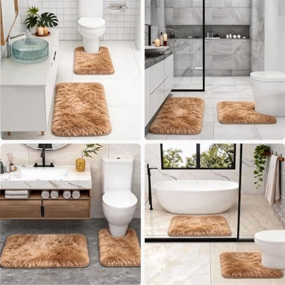 Shaggy Bathroom Rugs Set Plush Velvet Bath Rugs Non-Slip Bath Mat Set 3 Piece,Washable Mats,Absorbent Shaggy Rugs Super Soft U-Shaped Toilet Rug,Bahroom Carpets for Bathroom,Tub,Shower(Brown - color: Brown