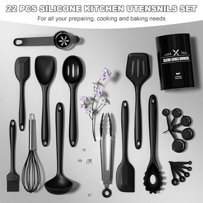 Silicone Kitchen Utensils Set, Umite Chef 22Pcs Cooking Utensils Spatula Set, Heat Resistant Non-Stick Silicone, Dishwasher Safe Cooking Gadgets Tools Set(Black) - color: Black