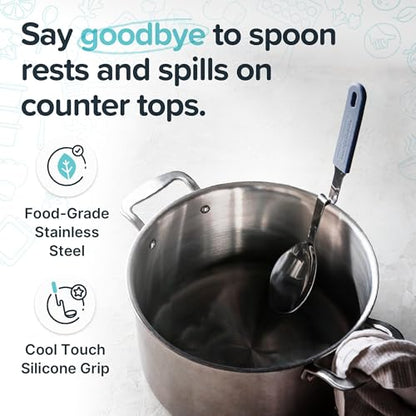 Souper Cubes Stainless Steel Spoon with Silicone Grip & Pot Hook, Blueberry | Durable Cooking Spoon Hooks to Your Pot to Help Prevent Drips and Keep Counters and Stovetop Clean - color: Blueberry, size: Spoon 1-Pack