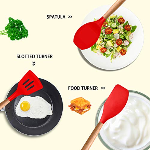 MIBOTE Silicone Cooking Kitchen Utensils Set, Wooden Handle, Red | BPA-Free, Non-Toxic Silicone Turner, Tongs, Spatula, Spoon Set – Great for Nonstick Cookware, Heat-Resistant, Easy Clean - color: Red