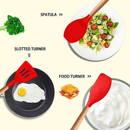 MIBOTE Silicone Cooking Kitchen Utensils Set, Wooden Handle, Red | BPA-Free, Non-Toxic Silicone Turner, Tongs, Spatula, Spoon Set – Great for Nonstick Cookware, Heat-Resistant, Easy Clean - color: Red