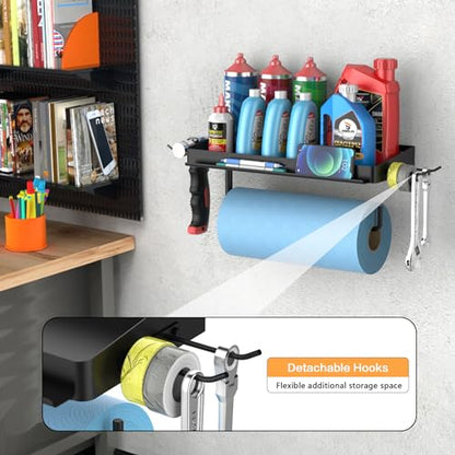 SUNTECH Garage Paper Towel Holder with Shelf, Wall-Mount (Black) | Fits 12 in Rolls, One-Hand Tear Design, Sturdy Iron, Holds Phones/Tablets, Includes 2 Detachable Hooks, for Garage, Tool Room - color: Black, size: 12.8-inch