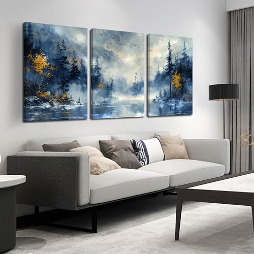 Trees Canvas Wall Art for Living Room - Blue Forest Wall Decor Office - 3 Piece Pictures Wall Art Size 16" x 24" - color: Blue 3, size: 24"L x 16"W x 3PCS