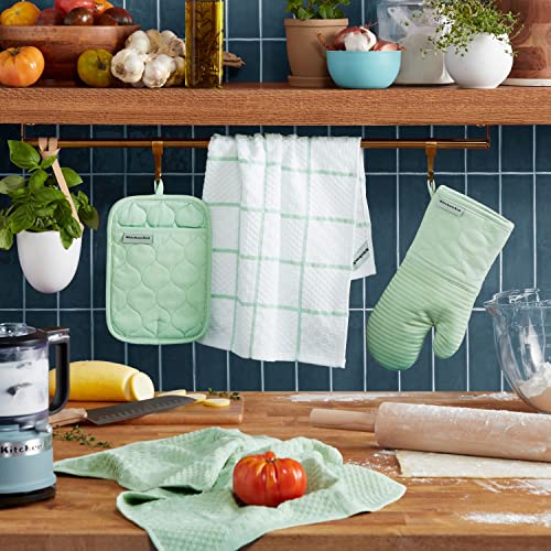 KITCHENAID Quilted Cotton Terry Cloth Oven Mitt, Pot Holder, Kitchen Towel 4-Pack Set, Heat Resistant, Silicone Grip, 16"x26", 7"x13" & 7"x10", Pistachio - color: Pistachio