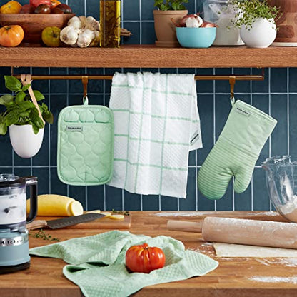 KITCHENAID Quilted Cotton Terry Cloth Oven Mitt, Pot Holder, Kitchen Towel 4-Pack Set, Heat Resistant, Silicone Grip, 16"x26", 7"x13" & 7"x10", Pistachio - color: Pistachio