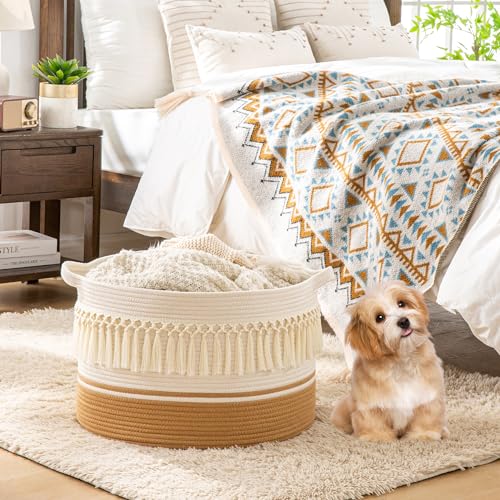 KAKAMAY Large Blanket Basket (20"x13"),Woven Baskets for storage Baby Laundry Hamper, Cotton Rope Blanket Basket for Living Room, Laundry, Nursery, Pillows, Baby Toy chest (White Fringe) | Extra Large Capacity | Natural Cotton Rope | Blanket Storage | Wov