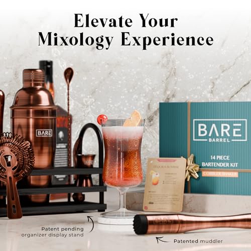 BARE BARREL® Mixology Bartender Kit Bar Set | 14-Piece Cocktail Shaker Set | Martini Barware Mixing Tools for Home Bartending | 35 Recipe Cards | Gift Set (24oz Cobbler Shaker, Copper/Black) - color: Copper/Black