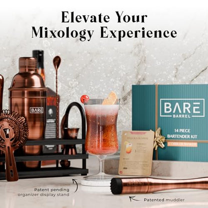 BARE BARREL® Mixology Bartender Kit Bar Set | 14-Piece Cocktail Shaker Set | Martini Barware Mixing Tools for Home Bartending | 35 Recipe Cards | Gift Set (24oz Cobbler Shaker, Copper/Black) - color: Copper/Black
