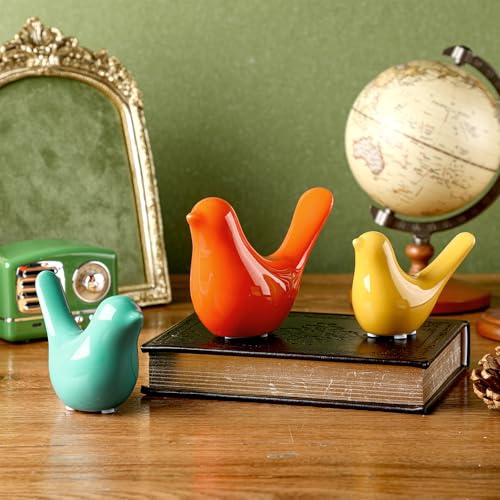 AceOrbit 3pcs Mid Century Modern Decor Medieval Table Decor Ceramic Birds Orange Blue and Yellow Ceramic Birds for Home Office Table Desktop Bookshelf Mantelpiece Shelf Centerpiece - style: Classic
