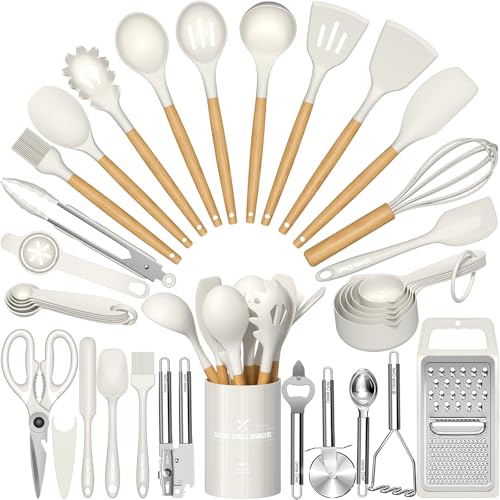 Umite Chef Silicone Kitchen Utensil Set, 34PCS Heat Resistant Kitchen Gadgets and Tools With Grater, Cream White Wood Handles for Nonstick Cookware - color: Cream White