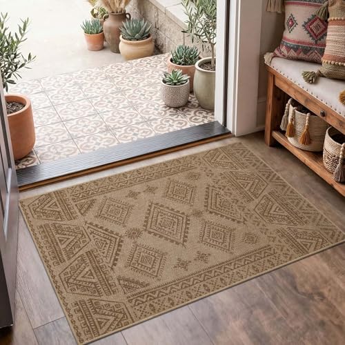 jinchan 2x3 Faux Jute Area Rug Washable Boho Entryway Rug, Natural Taupe | Southwestern Geometric, Non-Slip, Low Pile, Indoor Outdoor, High-Traffic, Kitchen, Bathroom, Laundry Room, Porch, Balcony - color: Natural Taupe, size: 2' x 3' (Rectangular)