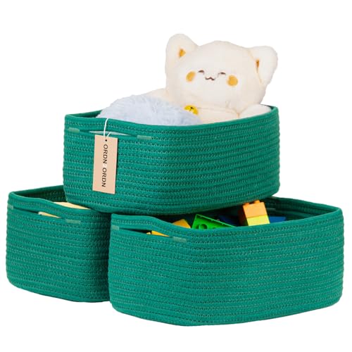 3Pack Small Woven Storage Baskets for Shelves Organizing | Cotton Rope Closet Organizer Bins, Basket for Gifts Empty, Nursery, Living room, Dog Toy Basket 13.2x8.2x5.2 in, Green - color: Green, size: M