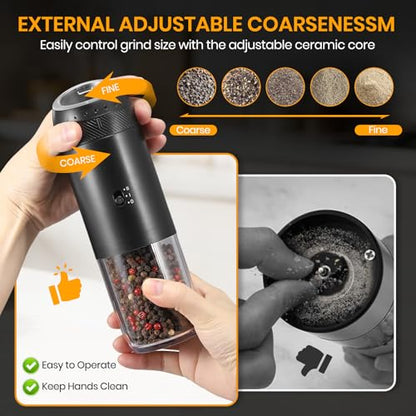 Rechargeable Gravity Electric Salt Grinder Set,Black | w/ Variable Grinding Speed, External Adjustable Coarseness, External Adjustable Coarseness, Charging Base and White LED Light - color: Black with Charging Base