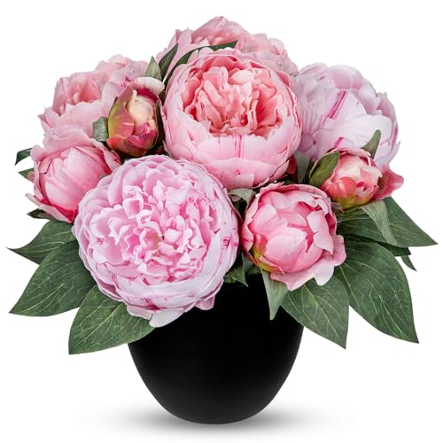 Briful Peony Artificial Flowers in Black Pot, Realistic Fake Silk Flowers Faux Floral Arrangements for Table Centerpiece Home Office Bathroom Decor (Pink) - color: Light Pink