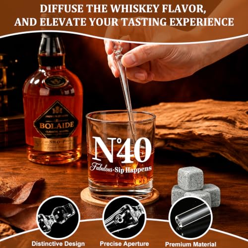 40th Birthday Gifts for Men, Vintage Whiskey Glass Set with Granite Stones | 40th Birthday Party Supplies Gifts for Him, Dad, Husband, "N°40 Fabulous Sip Happens" Scotch Glass, Pipette, Tongs&Wooden Box - style: 40th Mens Gifts