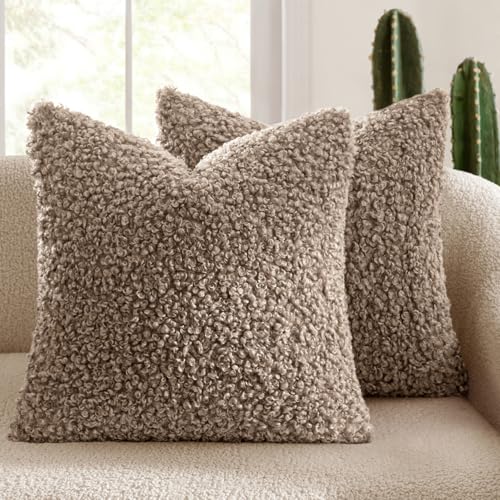 MIULEE Decorative Faux Fur Pillow Covers Sherpa 18x18 Khaki | Set of 2 Fuzzy Accent Couch Throw Pillows, Soft Sheepskin Fleece Pillowcases, Home Decor Sofa Livingroom Bed - color: Khaki, size: 18" x 18" (Pack of 2)