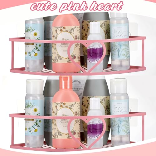 2 Pack Pink Heart Corner Shower Caddy No Drilling Pink Shower Shelves Coquette Corner Caddy with 5 Adhesive Hooks Sweet Decor for Bathroom Kitchen Bedroom - style: Heart