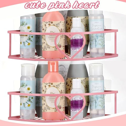 2 Pack Pink Heart Corner Shower Caddy No Drilling Pink Shower Shelves Coquette Corner Caddy with 5 Adhesive Hooks Sweet Decor for Bathroom Kitchen Bedroom - style: Heart