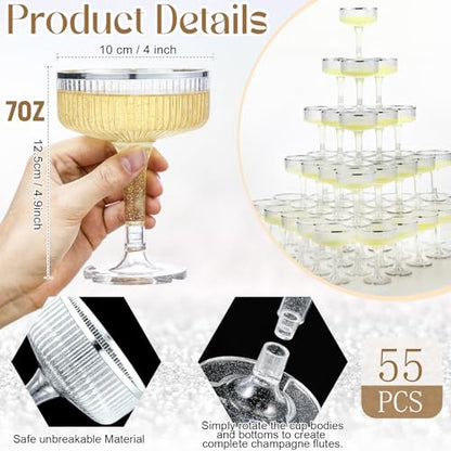 Champagne Tower 7 oz Plastic Champagne Coupe Glasses Set Stackable Plastic Ribbed Martini Glasses Unbreakable Acrylic Cocktail Coupe Cups for Wedding Birthday (Glitter,Silver,Set of 55) - color: Sliver, size: Glitter