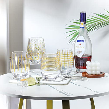 Joeyan Hand Blown Stemless Wine Glasses with Gold Dots Swirls Grids Strips Pattern for Red White Wine,Large Drinking Glass Cups,Wine Glass Tumblers for Wedding Party Home,Set of 4,17.5 oz - color: Gold Dots Swirls Strips Grids Patterned