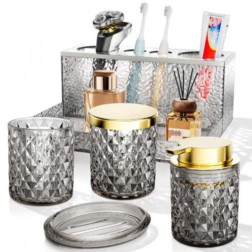 Glass Bathroom Accessories Set 5Pcs Crystal Black, Foaming Soap Dispenser, Soap Dish, Cup, Acrylic Toothbrush Holder with Tray Organizer, Cotton Swab Jar, Bathroom Counter Set Sink Decor - color: Grey