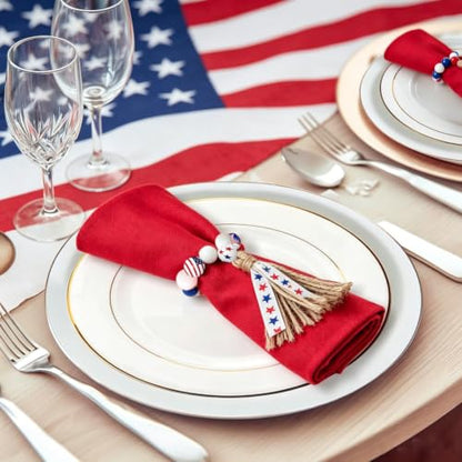4th of July Wooden Bead Napkin Rings, Patriotic US Flag Star Striped Tassel Napkin Holders, Red White Blue Independence Day Table Decor for Memorial Day Labor Day BBQ Party, Set of 8 Napkin Holders