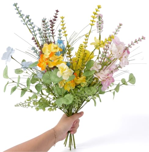 4 Pack Artificial Wildflower Bouquet, Realistic Hydrangea with Eucalyptus Stems, Rustic Wildflowers Floral Arrangement for Wedding Decor, Daily Home Decoration, Vase Table Centerpiece