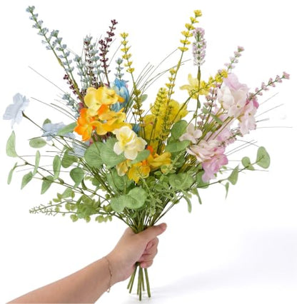 4 Pack Artificial Wildflower Bouquet, Realistic Hydrangea with Eucalyptus Stems, Rustic Wildflowers Floral Arrangement for Wedding Decor, Daily Home Decoration, Vase Table Centerpiece