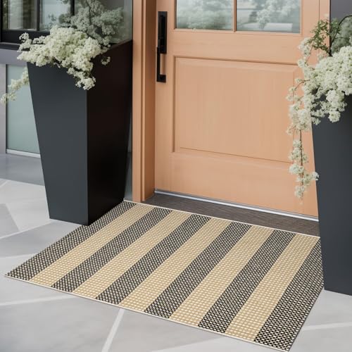 Front Door Mat Outside Entrance 24"x35" Outdoor Doormat Welcome Mat | Tan Front Door Rug Woven Striped Outdoor Rugs Entryway Rugs Indoor Small Area Rug for Kitchen Entry Bathroom Porch Decor - color: Tan/Black/White, size: 2' x 3' (Rectangular)