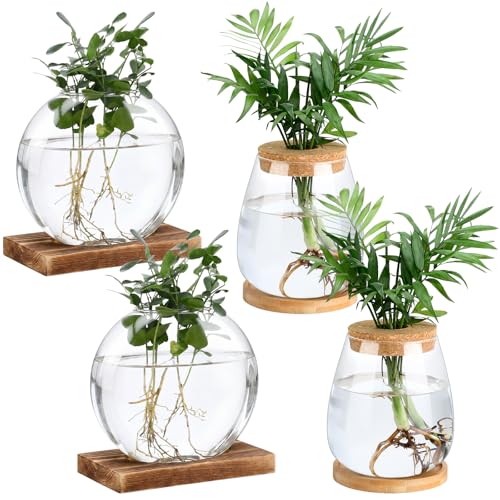 Layhit 4 Pcs Plants Propagation Stations vases Glass Planters with Wooden Lid and Bamboo Stand for Hydroponic Plants Gardening Gifts for Women Mom Home Office Tabletop Decoration(Cute Style) - style: Cute Style