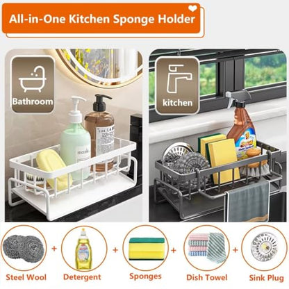 CIT ZCFY Kitchen Sink Caddy Organizers - Stainless Steel Sink Caddy with 30 Tilt Self-Drainage, Dish Brush Holder & Removable Dishcloth Rack - Gray