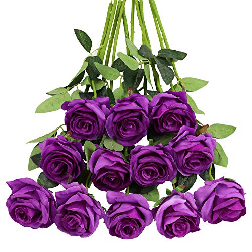 Tifuly 12Pcs Roses Realistic Long Stem Fake Silk Artificial Flowers Purple | Realistic Long Stem Fake Silk Roses Bouquet for Party Home Wedding Centerpiece Office DIY Decor - color: Purple