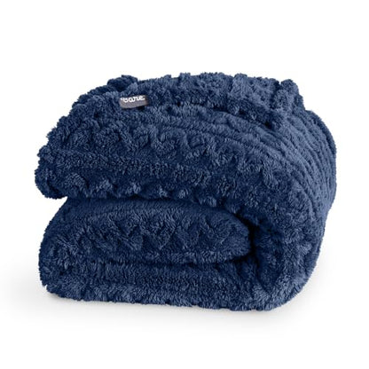 Bare Home Faux Shearling Blanket (Full/Queen, Cable Dark Blue) | Blanket for Bed, Sofa, Couch, Camping, Travel, and Gifts, Warm & Lightweight, Fluffy & Soft - color: 13 - Cable Dark Blue, size: Full/Queen