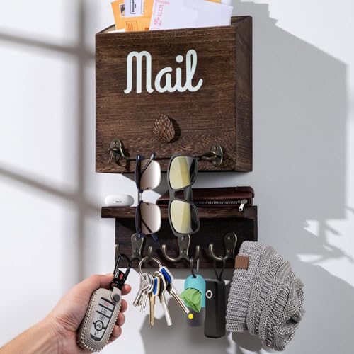 eBun Narrow Wood Mail Holder with 6 Key Hooks | Wall Mount, No-Drill Magnetic, Vertical Mail Slot, Entryway Decor - color: 1-pack Mail