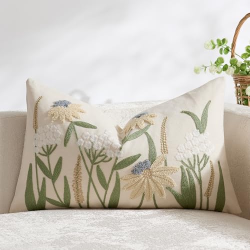 Floral Embroidered Decorative Lumbar Pillow Cover 12x20 Spring Summer Boho Cute Accent Throw Pillow Cover for Living Room Couch Bedroom Sofa Home Decor - color: Neutral Floral, size: 20" x 12" (Pack of 1)