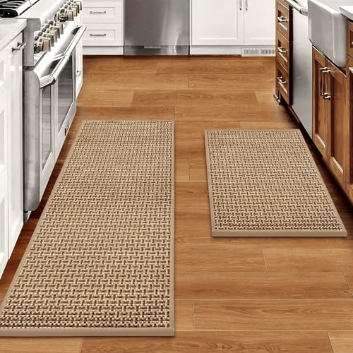 eqivei Kitchen Rugs and Mats Non Skid Washable Set of 2 PCS, Absorbent Runner Rugs for Kitchen, Farmhouse Weave Floor Mats in Front of Sink, 17.3"x 47"+17.3"x 29" (Brown) - color: Brown
