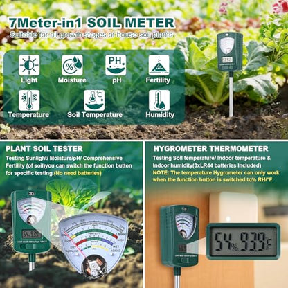 7-in-1 Soil Tester for Soil Moisture pH Fertility Light Intensity, Soil Temp, Air Temp & Humidity, with Pointer and LCD Display.for Garden, Farm, Lawn, Indoor/Outdoor Plant Monitoring.