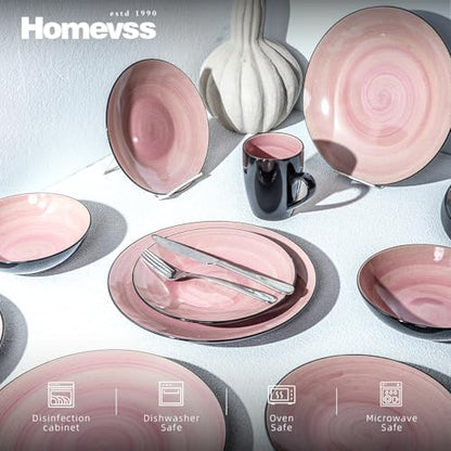 HomeVss, Sonoma Stoneware 16pc Dinnerware Set, Outside Black + Inside Hand Painting Rose - color: Rose
