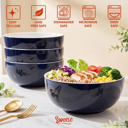 Sweese Ceramic Soup Bowl Set of 4, 29 oz Round Pasta Bowl Stackable Serving Bowl for Salad, Soup, Ramen, Fruit and Family Meals, Navy - color: Navy, size: 28 Ounce (Set of 4)