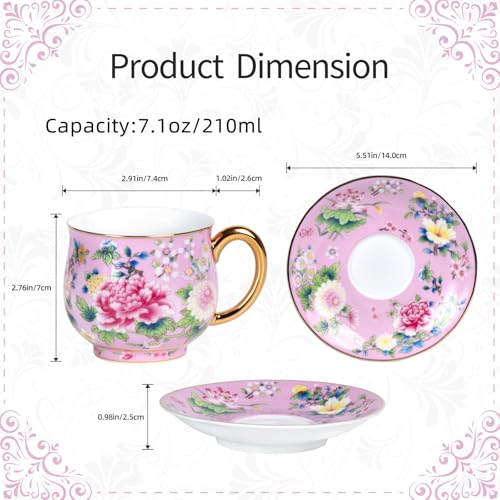 KAMMAK Tea Cup and Saucer, Ceramic Coffee Cups, 7.1 oz, Set of 2 | Porcelain Tea Cups with Saucers for Coffee and Cappuccino, Ideal for Breakfast, Afternoon Tea and Entertaining,939+943N - style: 939N+943N