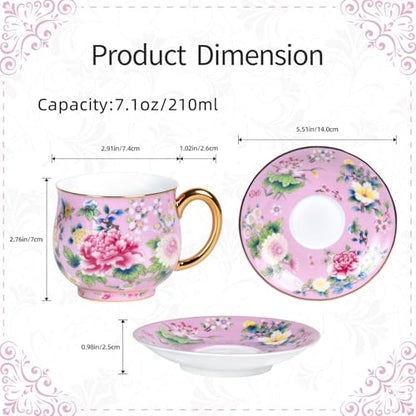 KAMMAK Tea Cup and Saucer, Ceramic Coffee Cups, 7.1 oz, Set of 2 | Porcelain Tea Cups with Saucers for Coffee and Cappuccino, Ideal for Breakfast, Afternoon Tea and Entertaining,939+943N - style: 939N+943N