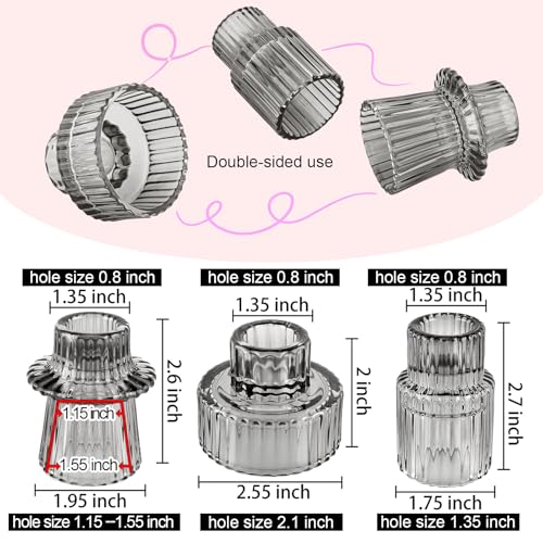 Glass Candlestick Holders, Taper Candle Holders, Set of 6, Gray | Double-sided ribbed glass taper candle holders for wedding centerpieces, parties, Christmas,Halloween, and home deco - color: Gray, size: 6 PCS
