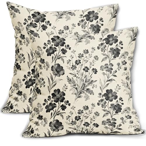 Black Floral Pillow Covers 16x16 Inch Set of 2 Vintage Rustic Wild Flower Pattern Print Decorative Throw Pillowcases Neutral Farmhouse Outdoor Cushion Cases Decor for Sofa Couch Bed - color: Black Cream, size: 16" x 16" (Pack of 2)