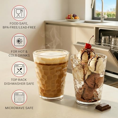 Bravario Hammered Plastic Drinking Glasses - Short Clear Plastic Cups Reusable Set of 6, Thick 16oz Dishwasher Safe Durable Stackable Water Tumblers, BPA-Free - size: Short - Set of 6