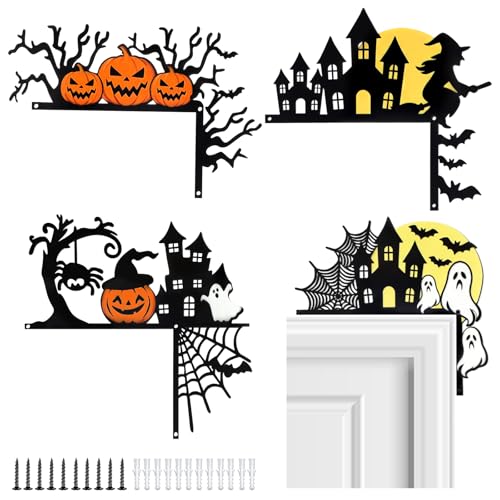 4 Pcs Door Frame Decoration Set Metal, Wall Art Decor Corner Sign Bathroom Decor for Indoor Outdoor Door Window Home Office(Holloween Style1,Multicolor) - color: Multicolor, style: Holloween Style1
