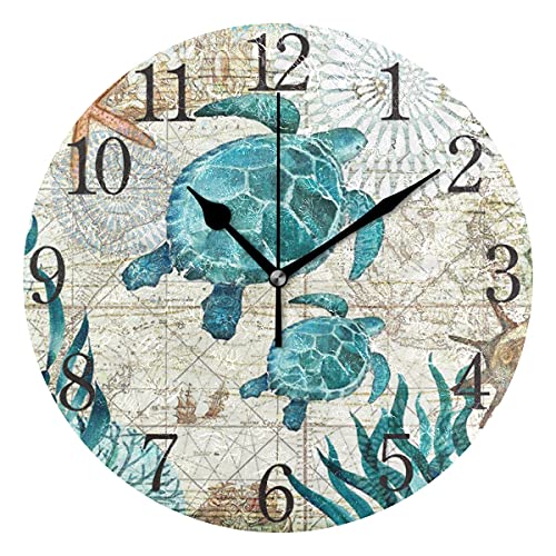 Silent Non Ticking Round Wall Clock, Vintage Ocean Sea Turtle Starfish Map Home Decor Battery Operated for Living Room, Kitchen, Bedroom - color: Multi 3