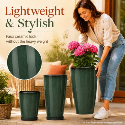 Neoaider Set of 3 Tall Planter, 24/21/12in Large Plastic Planter, DarkGreen | Ceramic-Look, Lightweight, Built-in Drain Hole, Saucers, Tall Outdoor Planter for Porch, Garden, Patio, Balcony - color: Dark Green
