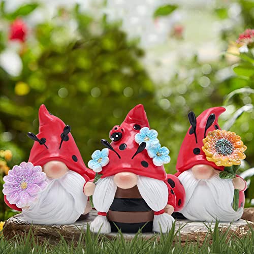 Hodao Spring Ladybug Gnome Decor Set of 3, Resin Floral Figurines for Tiered Tray Shelf Table Display, Cute Farmhouse Home Accent, Year Round Gift for Women, Friends and Family - style: Ladybug Gnome