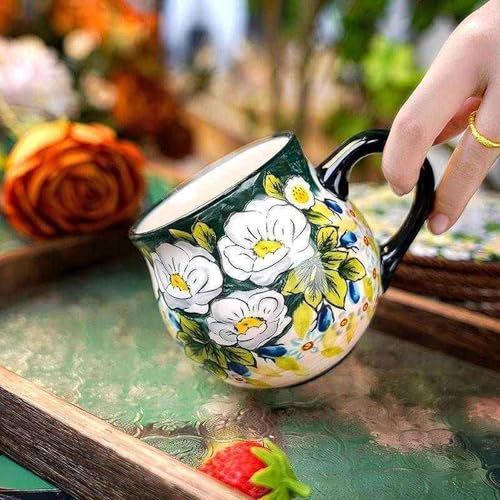 13oz Ceramic Coffee Mug, Hand-Painted Floral Polish Pottery Style Cup, Large Stoneware Tea Mug with Handle, Microwave & Dishwasher Safe (Green) - color: Green